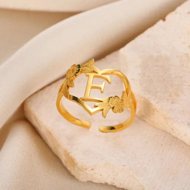Floral Initial Heart Ring