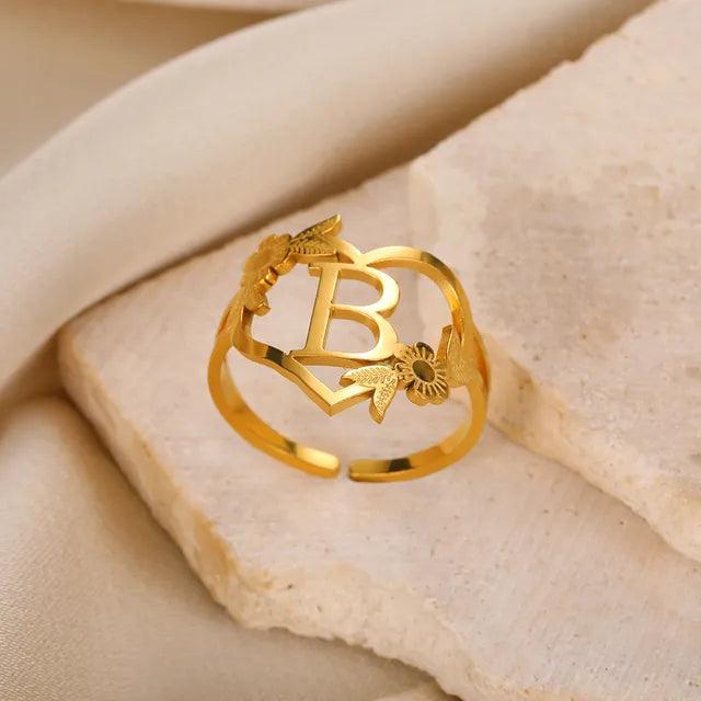 Floral Initial Heart Ring