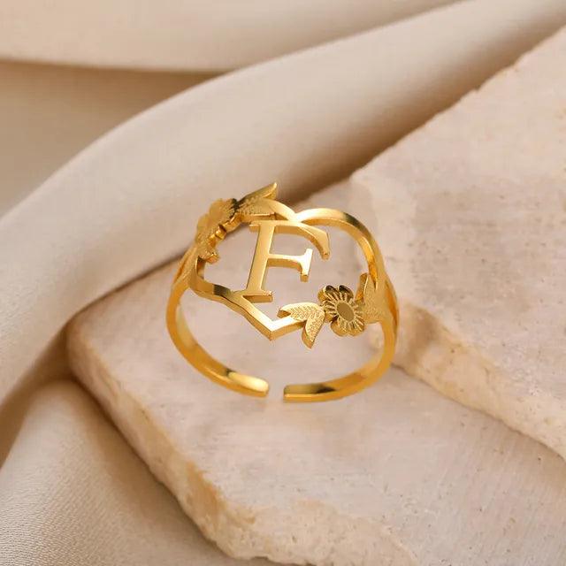 Floral Initial Heart Ring