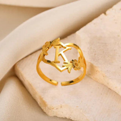 Floral Initial Heart Ring