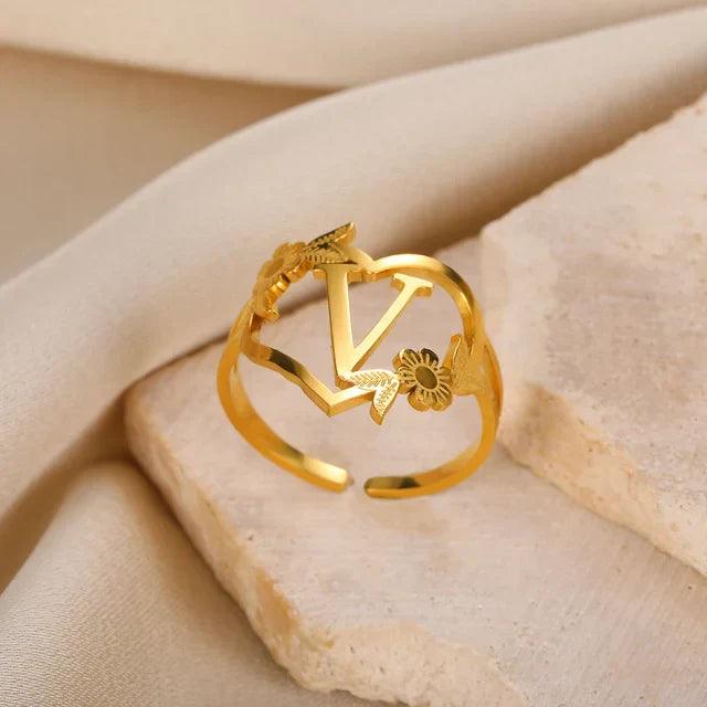 Floral Initial Heart Ring