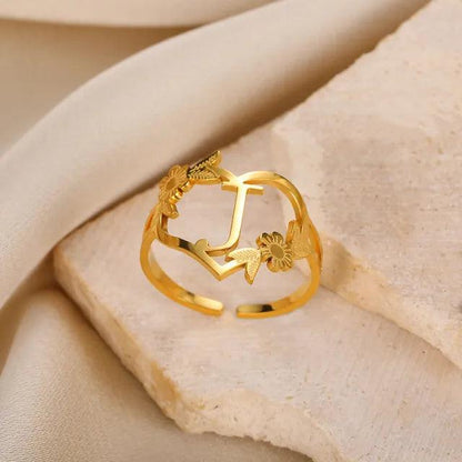 Floral Initial Heart Ring