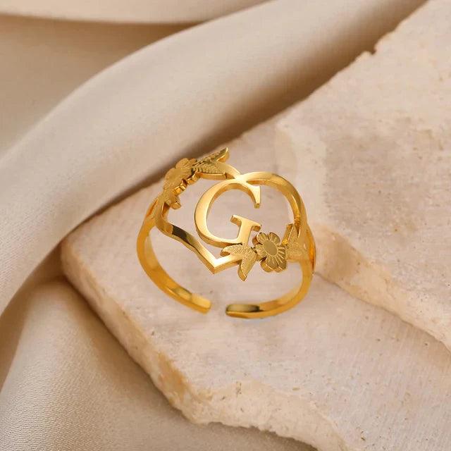 Floral Initial Heart Ring