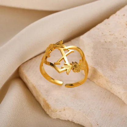 Floral Initial Heart Ring