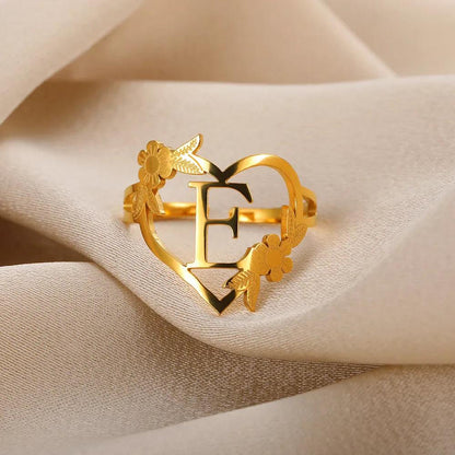 Floral Initial Heart Ring