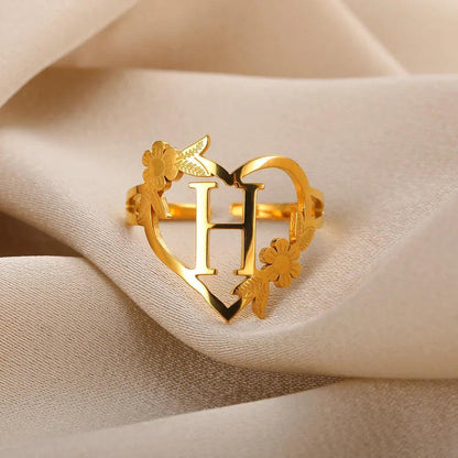 Floral Initial Heart Ring