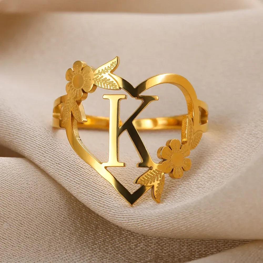 Floral Initial Heart Ring