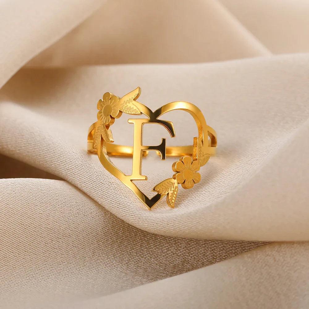 Floral Initial Heart Ring