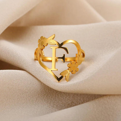 Floral Initial Heart Ring