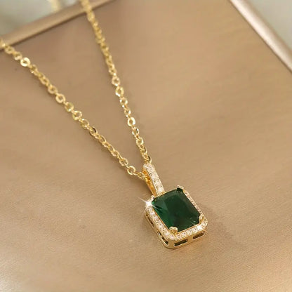 Gold necklace with rectangular green pendant - Elanora