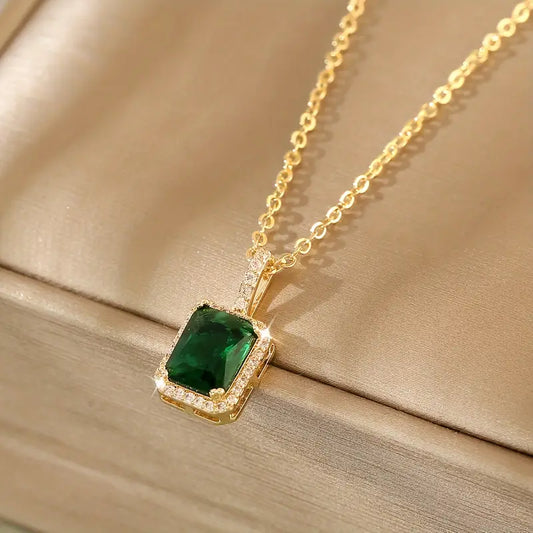 Gold necklace with rectangular green pendant - Elanora