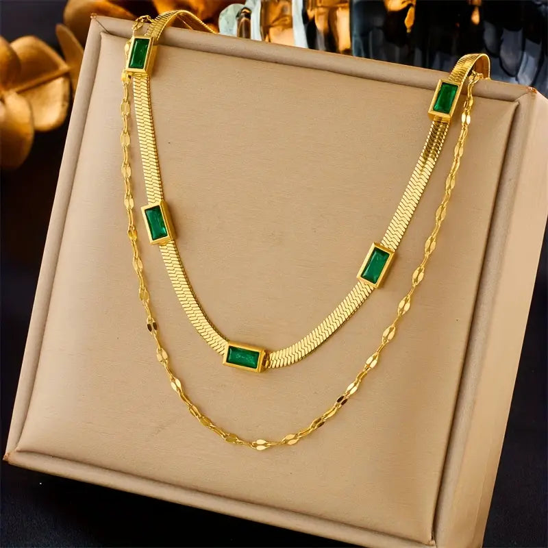 Gold-plated double necklace with green rectangles - Narelle