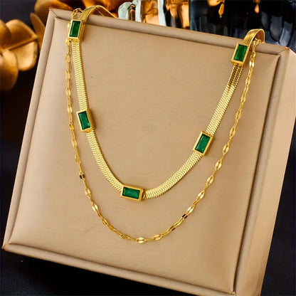 Gold-plated double necklace with green rectangles - Narelle