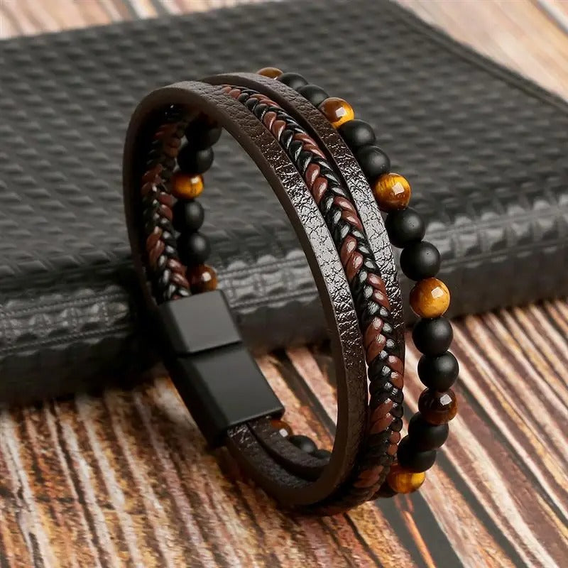 Men's Leather and Bead Bracelet - Enzo