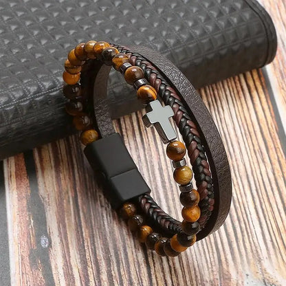 Men's Leather and Bead Bracelet with Cross Charm - Angelo