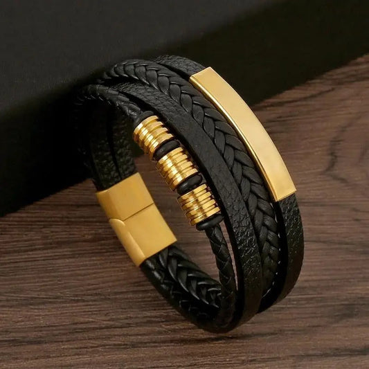 Men's Leather Bracelet with Gold Accents - Adriano